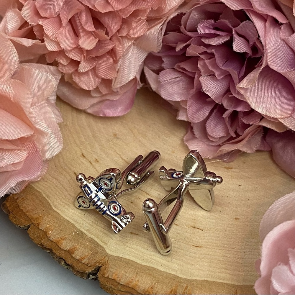 Silver Spitfire Military Airplane WWII Cufflinks - Picture 12 of 16